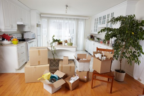 Organized storage unit with packed boxes and furniture